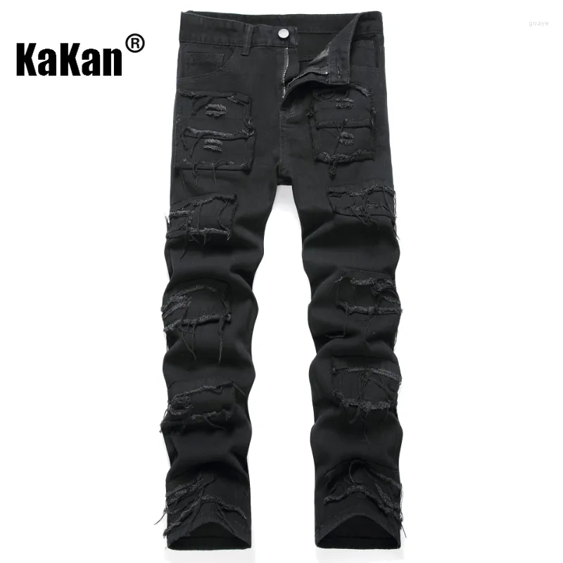 Мужские джинсы Kakan - Европейская и американская повседневная стройная упругая эластичная прямая нога для мужчин черные поцарапали длинные джинсы9-010