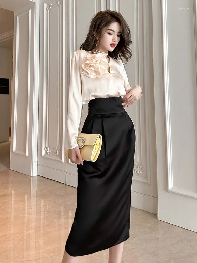 Elegant Satin Office Satin Midi Dress Set For Women Loose Fit Top And  Blouse With High Waist Midi Pencil Skirt From Jasperedry, $35.26