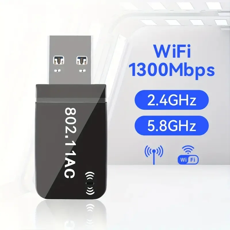 Adaptador WiFi USB sem fio de banda dupla de 1300 Mbps para PC de mesa e laptop - Antena de alto ganho para Windows 7/8/8.1/10/11 - Fácil conexão de rede