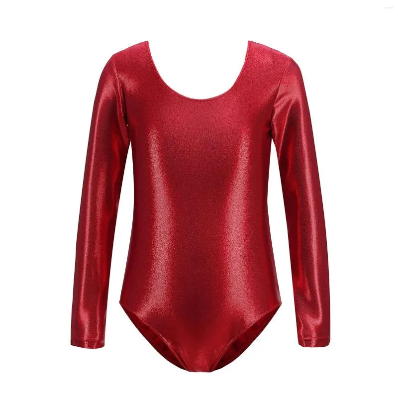 Vestuário de palco Ginástica Metálico Brilhante Spandex Collant Balé Dança Roupas de Dança Menina Crianças Manga Comprida Bodysuit de Uma Peça Trajes Cor Sólida