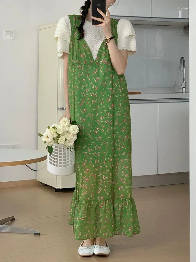 İş Elbiseleri Kore Vitality Girl Mizaç Yaz Taze ve Oyuncu Yaş Age Age-Agreding Split Fishtail Askı Etek Elbise Eklenmiş Baskı