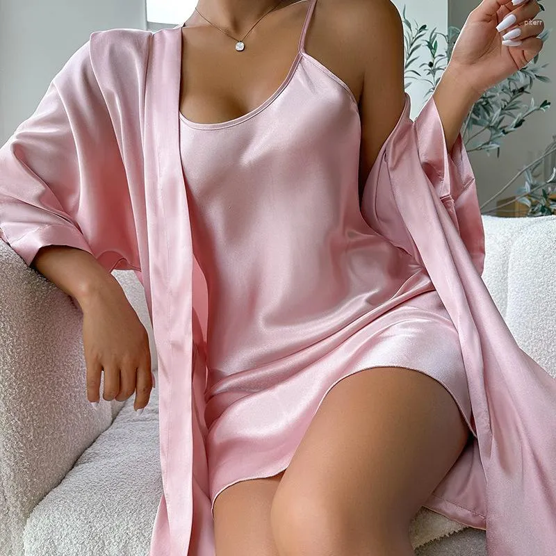 Women's Sleepwear QSROCIO Imitation Silk Sleeping Gown Sexy Cardigan Morning Robe Lace Up Slip Dress Two Piece Set Casual Home Clothes