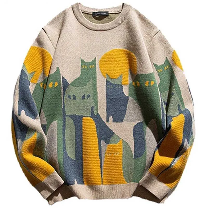 Japoński harajuku SWEATER MĘŻCZYZNA Kobiety kreskówki pełny kot druk pullover vintage przyczynowe luźne swetry jesień streetwearu