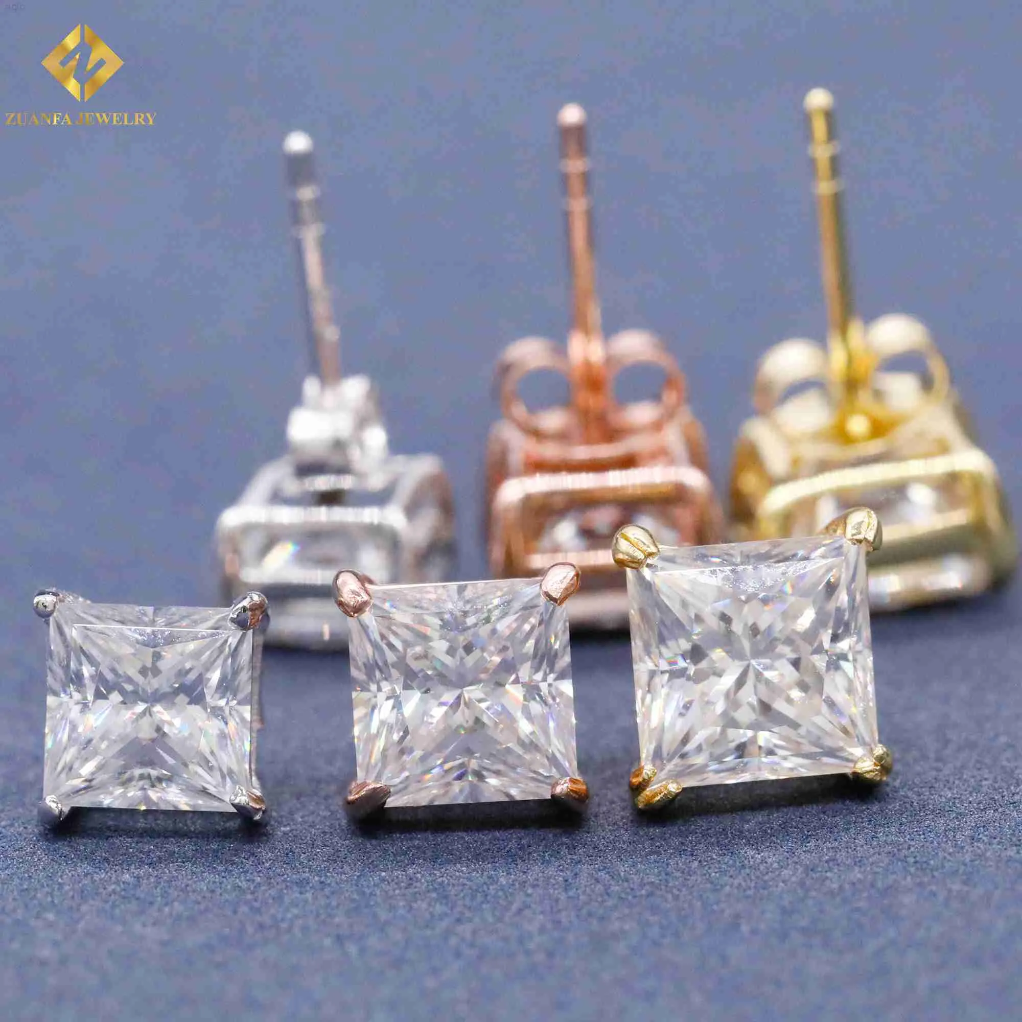 Zuanfa Jewelry Princess Cut Cut High Quality Moissaniteダイヤモンド925スターリングシルバースクリューバックスタッドヒップホップイヤリング