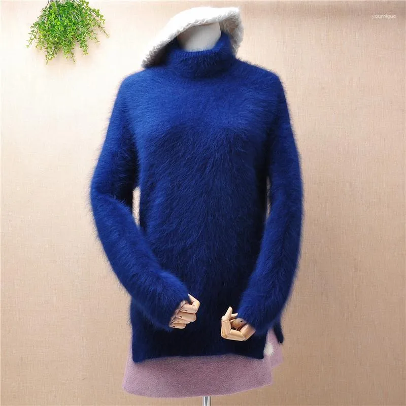 Pulls femme dames femmes mode vison poilu cachemire tricoté manches longues col roulé fente queue pull Angora fourrure pull