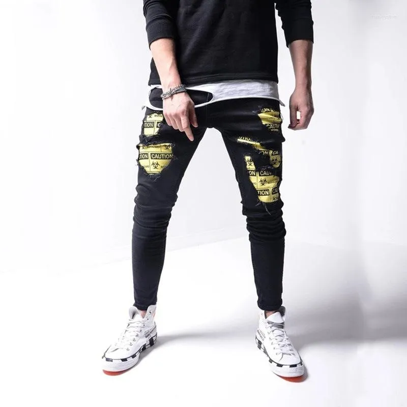 Jeans Masculino Streetwear Magro Personalidade Rasgado Estampado Lápis Calça Jeans Jovem Masculino Casual Algodão Stretch Calças Cowboys