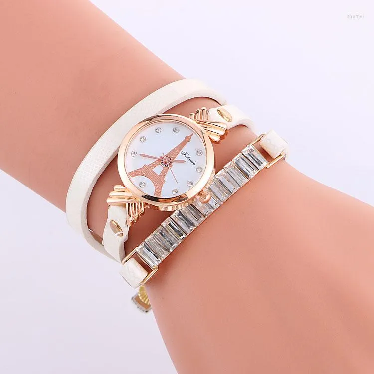 Relógios de pulso 100 pçs/lote Moda Torre Eiffel Wrap Around Lady Watch Elegance Quartz Rose Gold Case Relógio de pulso Luxo Weave Casual