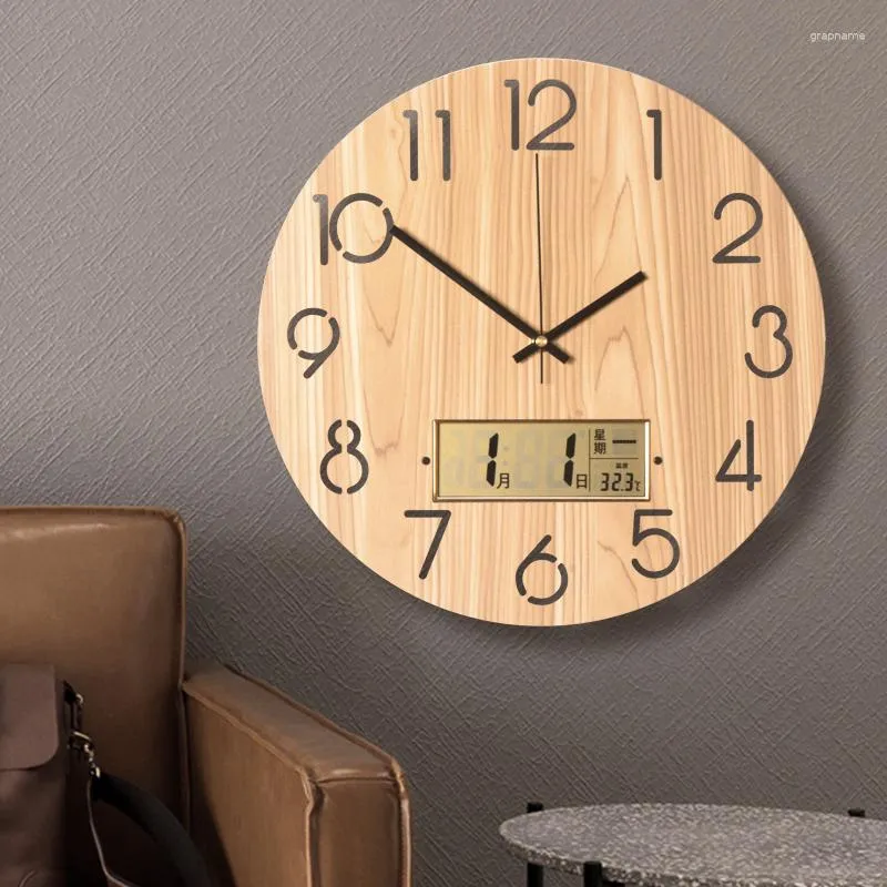 Wandklokken 14 Inch Home Hout Digitale Klok Led Horloges Met Eeuwigdurende Kalender Voor Decor Quartz Horloge