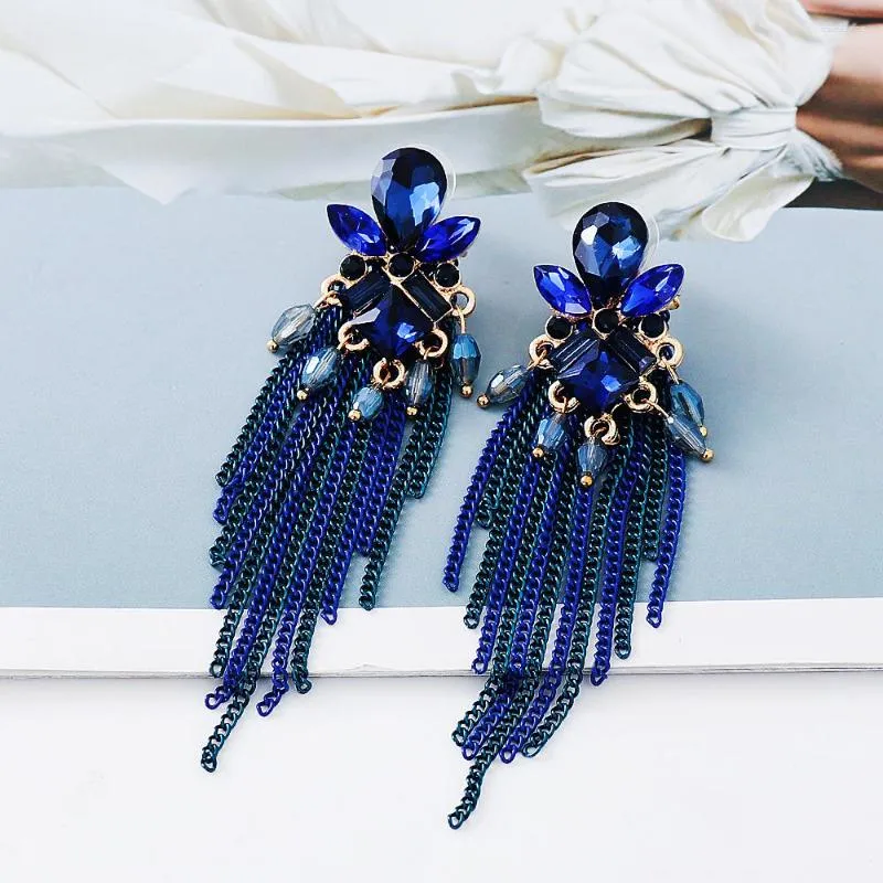 Dangle Earrings Blue Crystal Long Metal Tassel Drop Luxury Vintage Rhinestone Jewelry Accessories For Women 2023 Trend