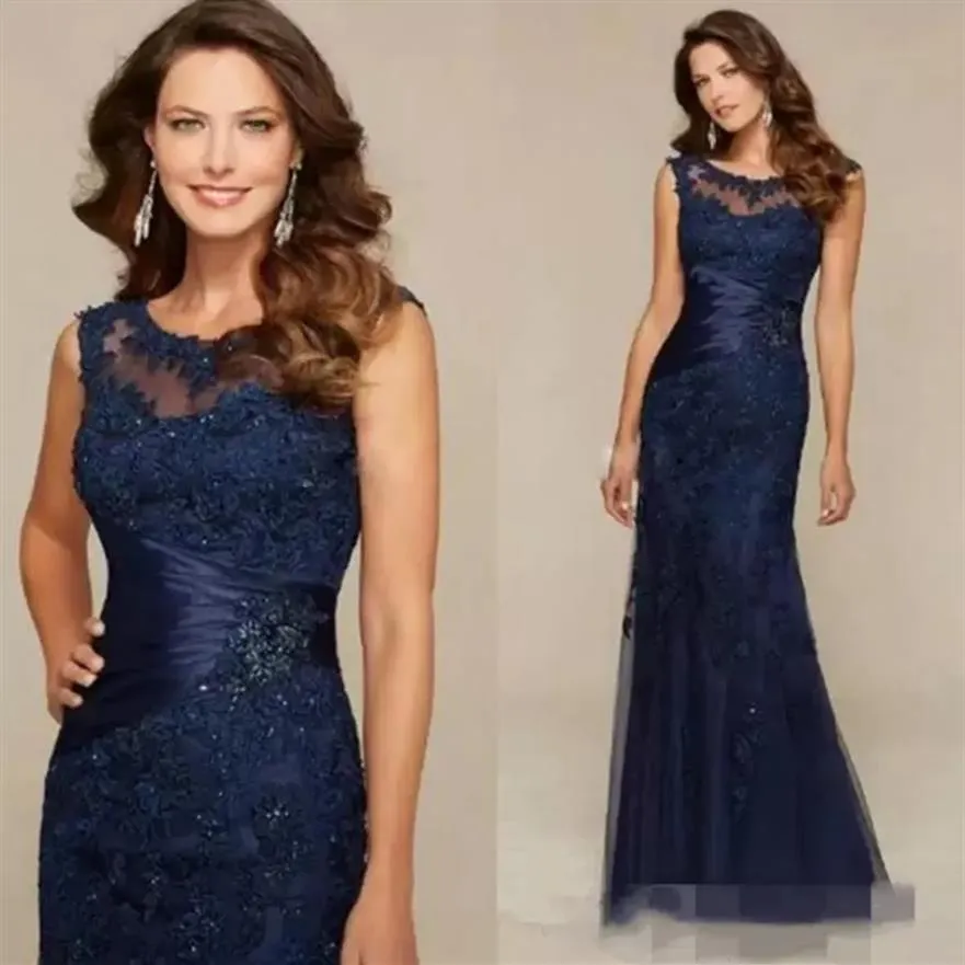 Sheer Rundhalsausschnitt Elegante Mutter der Braut Kleider Neuankömmling Marineblaue Spitze Lange Meerjungfrau Partykleider Hochzeitsgast Abend Dres237Z