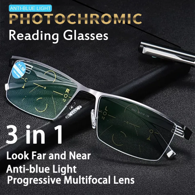 Lesebrille Outdoor Pochromic Multifocus Lesebrille Männer Frauen Progressive Anti-Blue Ray Halbrahmen Hyperopie Brille 2,5 230804