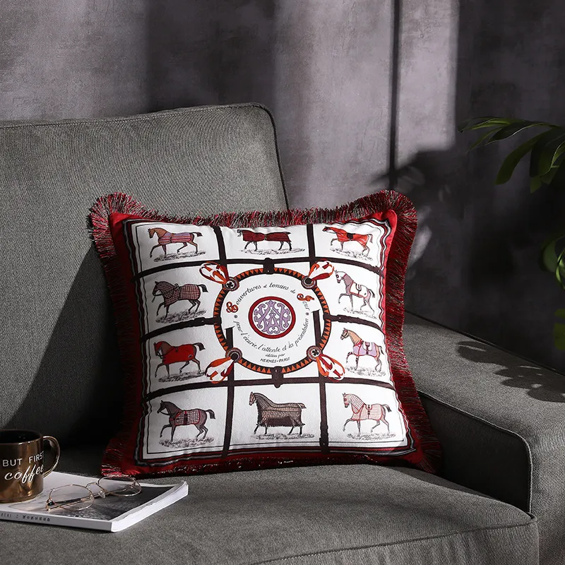 Top Pillowcase European High-End Digital Printing Tassel Cushion Living Room and Bedside Office Model Room Car Decorative Cushion without Pillow Core