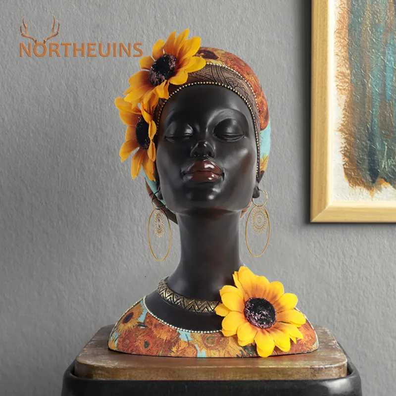 Dekorativa föremål Figurer Black African Sunflower Woman Statue Creative Art Figur Figurer för inre hem vardagsrum sovrum dekor 230804