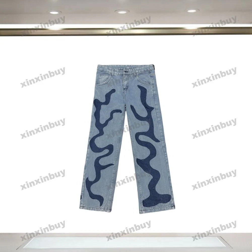 xinxinbuy Hommes femmes pantalon de designer poche à empiècements denim jeans printemps été pantalons décontractés lettre noir kaki S-2XL