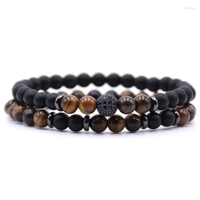 Bracelets porte-bonheur 6 MM 2 pièces/ensemble perles de pierre oeil de tigre naturel Bracelet noir CZ Bracelet pour homme femmes bijoux faits à la main