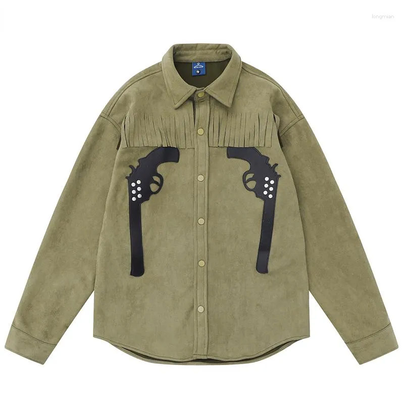 Mannen Casual Shirts Herfst Mannen Suede Lange Mouwen Button Up Hip Hop Pistool Patch Kwastje Blouses 2023 Streetwear harajuku Mode