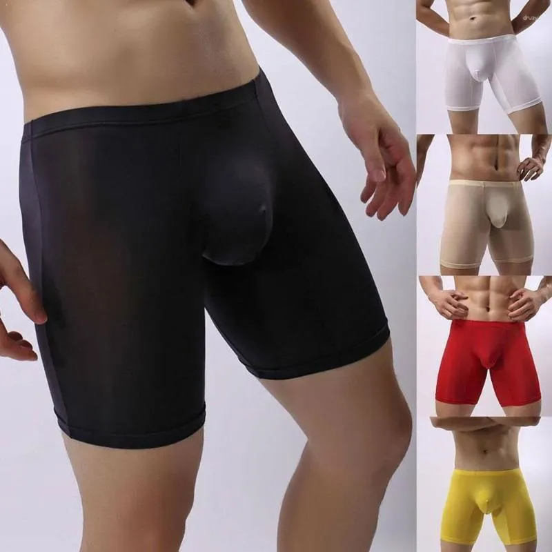 Caleçon Sexy hommes sous-vêtements en soie de glace longue jambe culotte transparente respirant Boxer hommes boxeurs Shorts