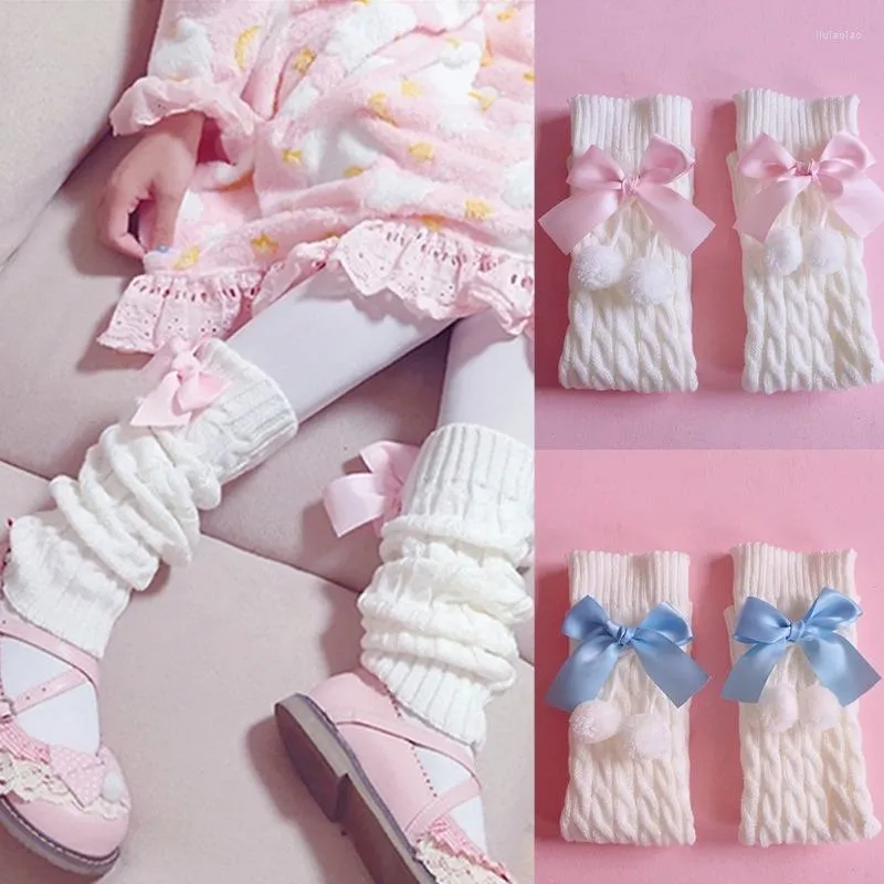 Calzini da donna Sweet Bow Plush Ball Boot Japanese Preppy Style Girls Polsini Foot Cover Lolita Chunky Twist Cable lavorato a maglia