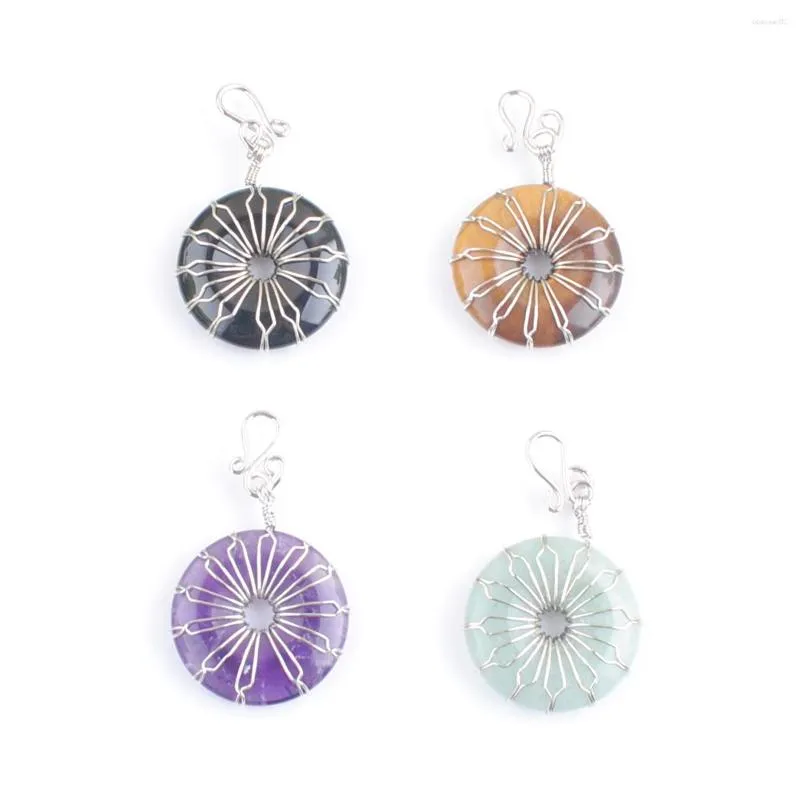 Pendentif Colliers Donut Anneau Fil Wrap Fleur Pierre Naturelle Perle Ronde Charme Guérison Ruban En Gros 2 Pcs/Lot TBN535