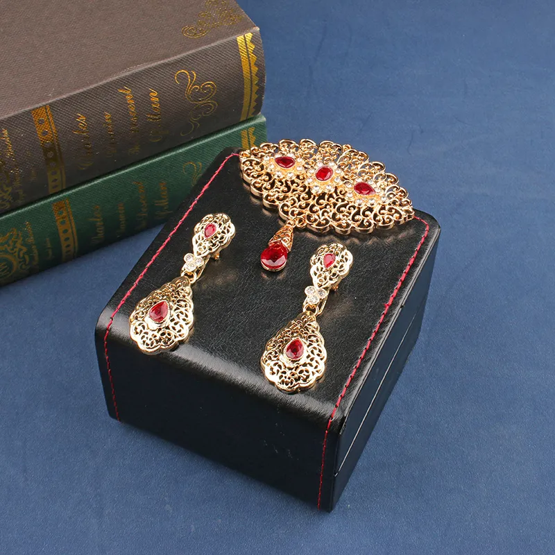 Wedding Jewelry Sets Moroccan Set Arabian Robe Pin Colorful Crystal Brooch Moon Shape Pendant Earrings Bridal Gift 230804