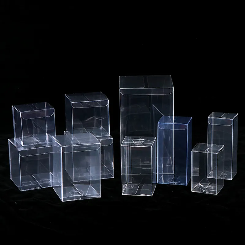 غلاف الهدايا 50pcs مربع صافح PVC Pvc Box Multi Size الشفافة مربع الهدايا ألعاب الشوكولاتة/المجوهرات/حلوى الزفاف صناديق الهدايا بالجملة 230804