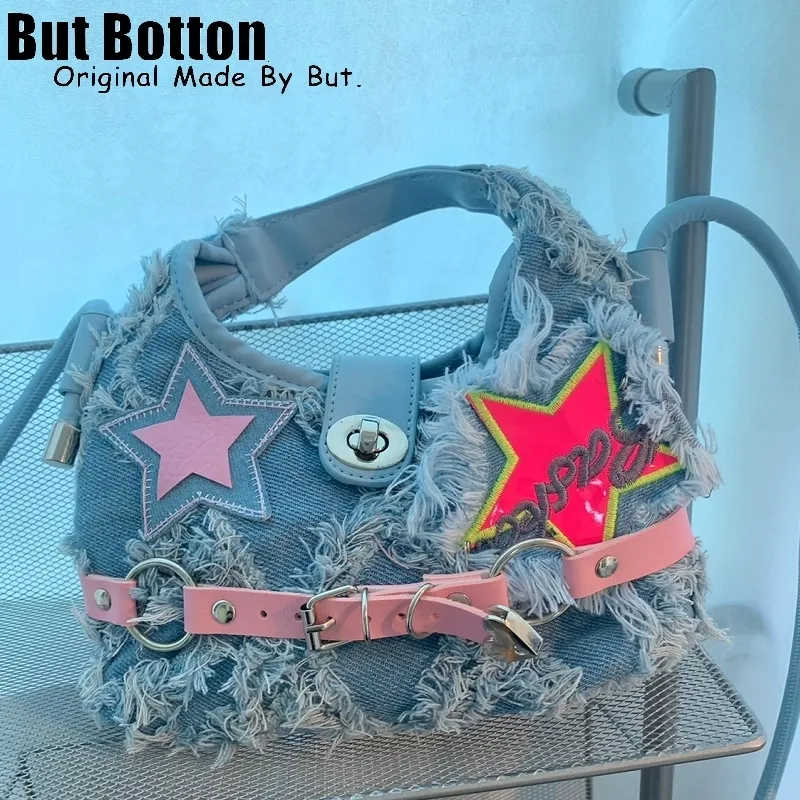 Evening Bags Y2K Girl Style Pink five pointed star stickers design raw denim blue diagonal Single Shoulder Handbag lazy wandering 230804