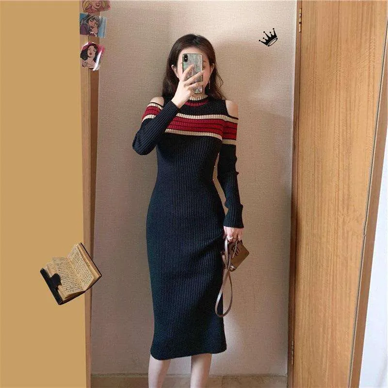 Knitted Dress Early Autumn Womens Long Sleeved Temperament Slim Short Off Shoulder