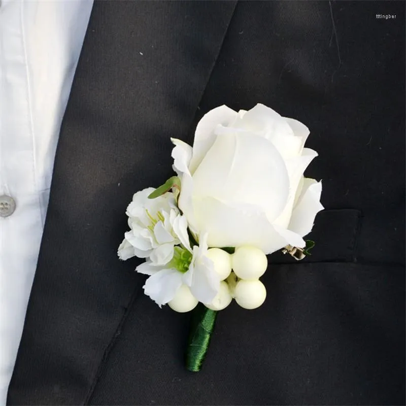 Kwiaty dekoracyjne 4PC / Lot Wedding Grooms Boutonniere Man Groomsman Corsages Ivory Rose Party Prom Buquet Decories Akcesoria