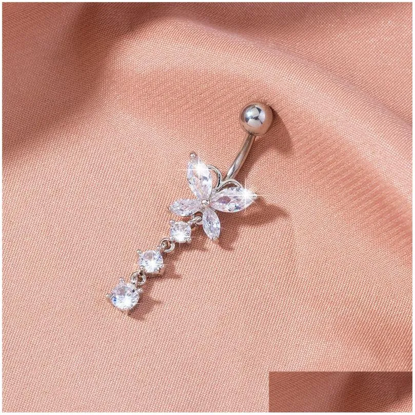 Navel Bell Button Rings Zircon Butterfly Pendant Crystal Belly Piercing Nail Body Jewelry For Women Fashion Drop Delivery Dhfmq