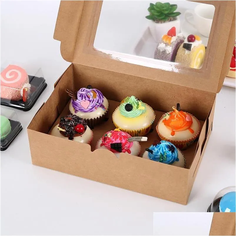 Scatole con finestra per cupcake Confezione regalo in scatola di carta kraft marrone bianca per la festa del festival 6 portabicchieri personalizzati Drop Delivery Home Dhwiy