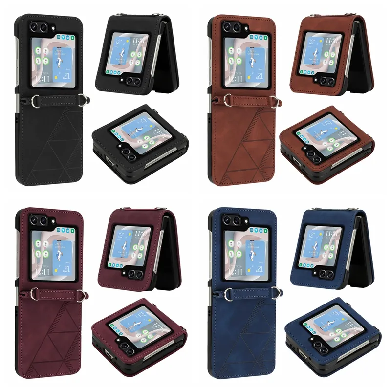 Folding Cases For Samsung Galaxy Z Flip 5 4 3 Flip5 Flip3 ZFlip5 ZFlip4 Business Leather Wallet Print Lines Skin Feel Hand Feeling Holder Phone Flip Cover Pouch Purse