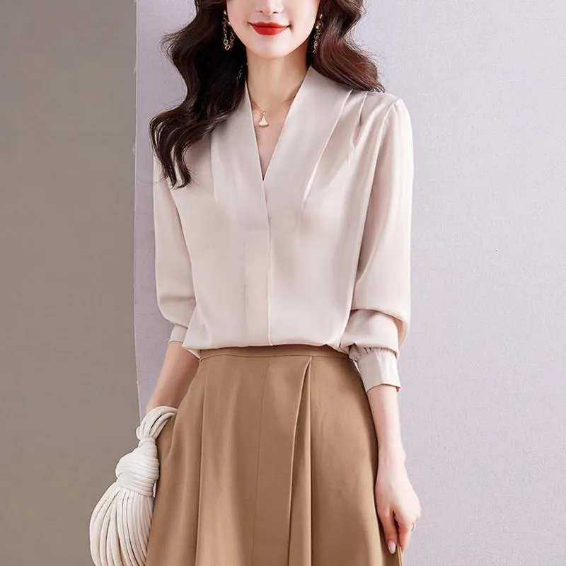 Women's Blouses Korean Fashion Woman Blouse 2023 Female Satin Shirts And Elegant Office Lady Solid OL Basic Tops Casual Women Clothing