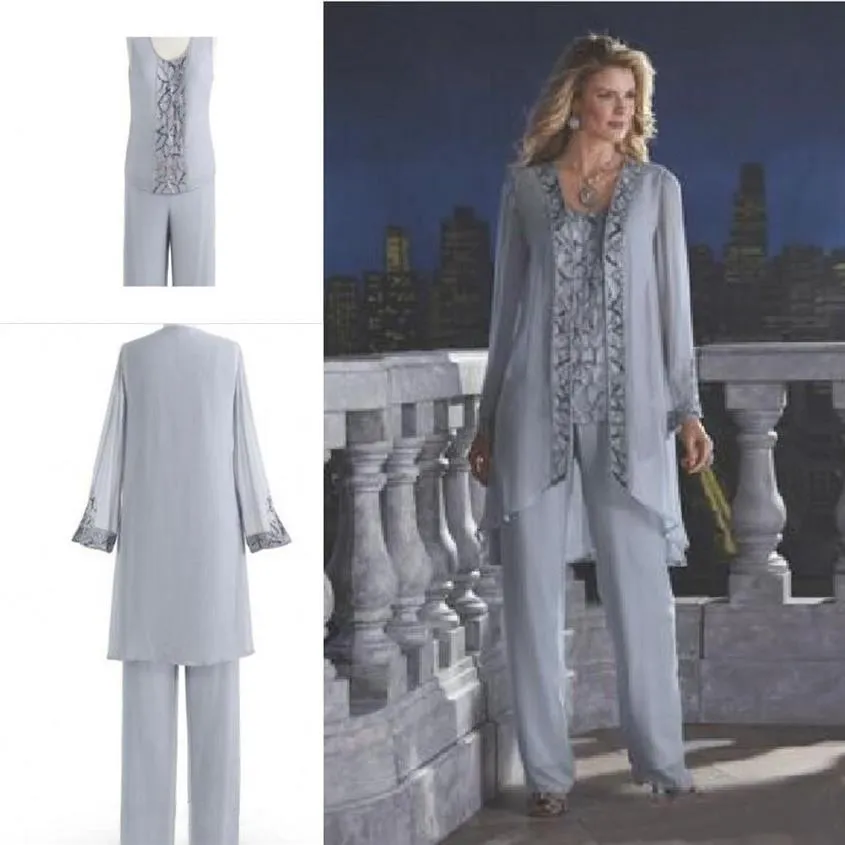 New Arrival Mother Of The Bride Three-Piece Pant Suit Chiffon Beach Wedding Mother's Groom Dress Long Sleeve Beads Wedding Gu216S