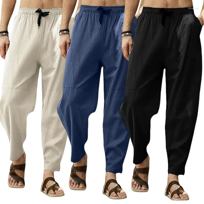 Calças masculinas verão algodão e linho cordão casual roupa de praia cintura elástica panturrilha dobrável jogging yoga