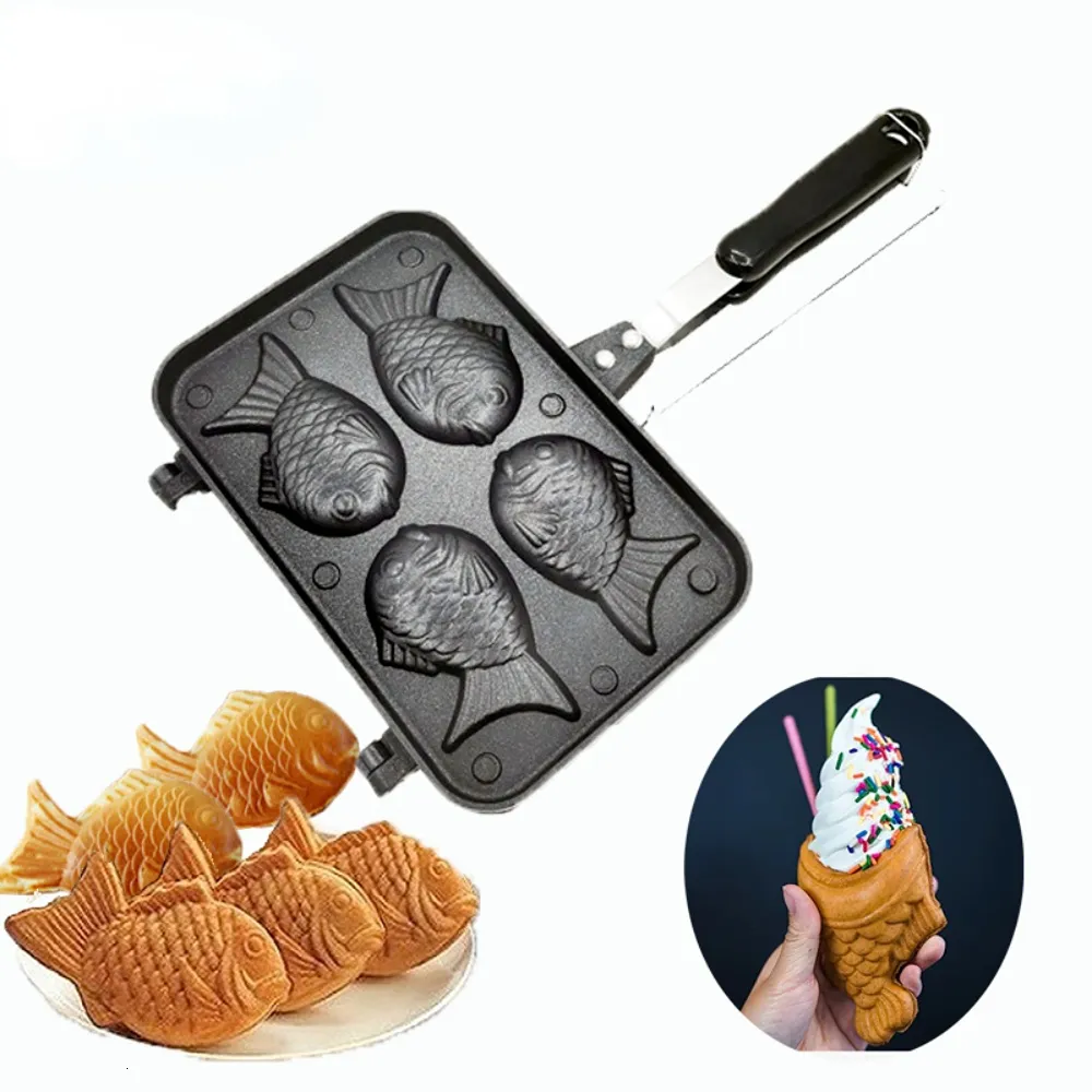 Baking Moulds Kitchen Japanese Taiyaki Double Fish Shaped Dessert Waffle Cake Maker Pan Pancake Fry Molds 230804