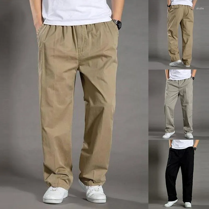 Pantaloni da uomo Pantaloni da uomo a gamba dritta in vita tinta unita con elastico in vita Pantaloni da uomo casual sottili resistenti all'usura in cotone