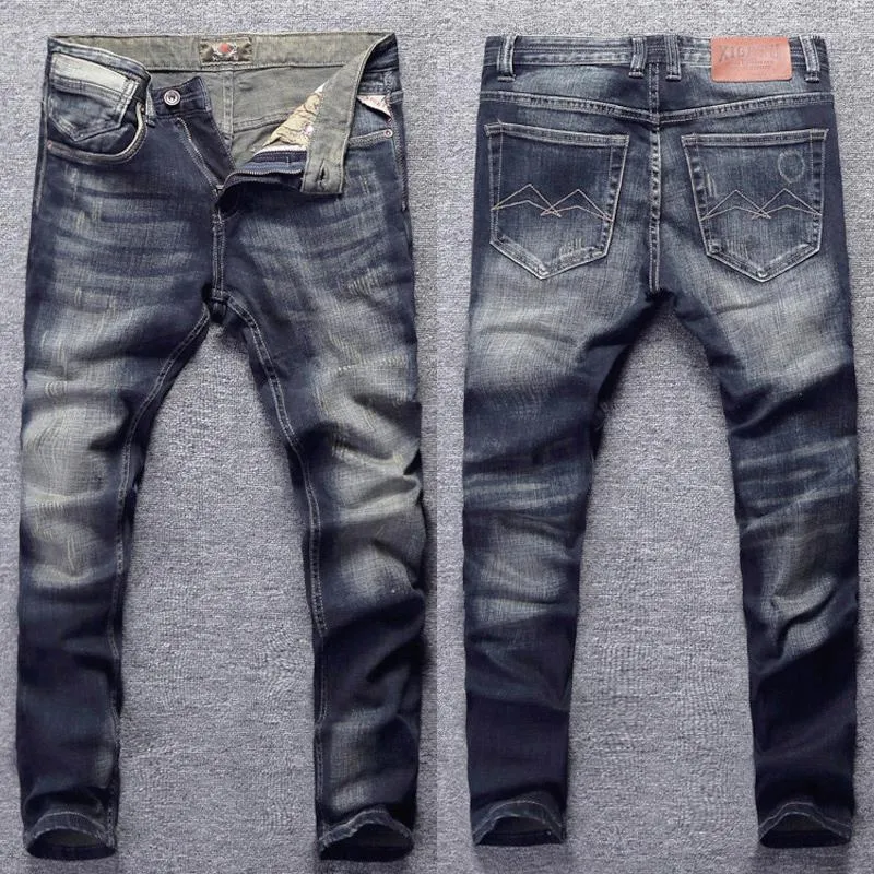 Мужские джинсы итальянский стиль мода мужчина ретро черно -синий растяжение Slim Fit Ruped Vintage Designer Casual Denim Pants Hombre