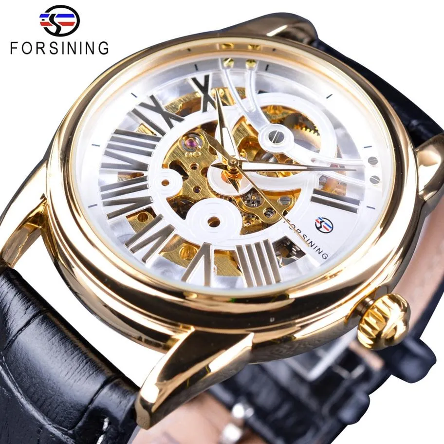 Forsining montre officielle exclusive limitée hommes lunette dorée ceinture en cuir véritable hommes automatique squelette montre Top marque Luxu243m