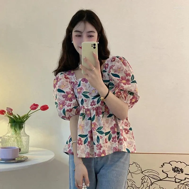 Blusas Femininas Vintage Floral Feminino Estampa Doce Camisas de Gola Quadrada Verão Coreano Streetwear Puff Manga Curta Solta Tops Casuais