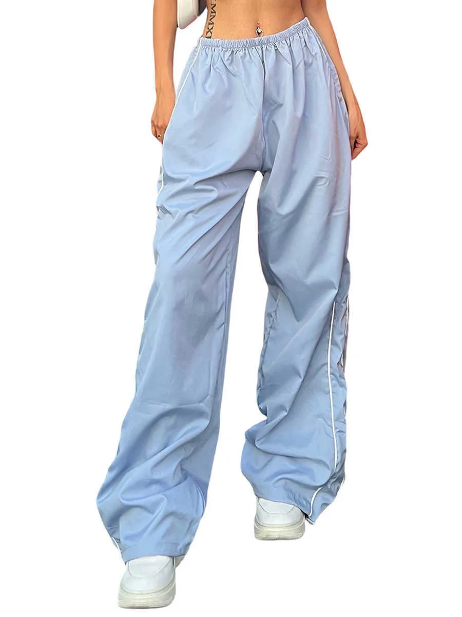Dames Y2k Cargo-broek met elastische taille, losse joggingbroek in effen kleur, workout met zakken, streetwear