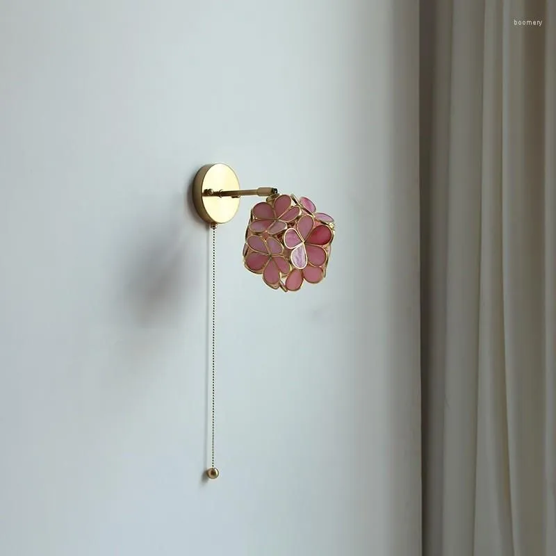 Lampada da parete Lampade vintage Fiore rosa Edison Pull Chain Switch Specchio da bagno Luce scale Comodino camera da letto nordico