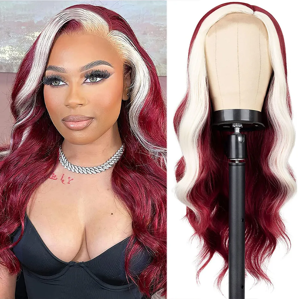 Bourgogne Lâche Perruque Ondulée Synthétique Highlight Rouge Ombre Perruques pour les Femmes Noires Corps Perruque Ondulée Côté Partie Résistant À La Chaleur Cheveux Cosplay