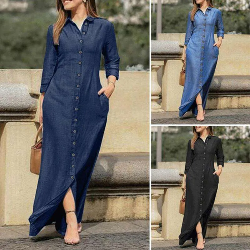 Womens Clothing Autumn And Winter Fashion Casual Lapel Shirt Long Dress