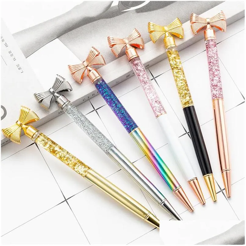 Ballpoint Pens Wholesale Fashion Gold Powder Bow Metal Pen Stationery Novelty For Writing Butterfly Advertising Office Drop Delivery Dhnug