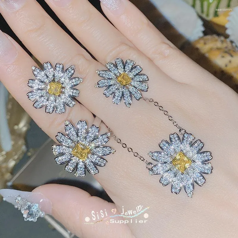 Collier Boucles d'Oreilles SIsi Plaqué Or Blanc 18k Pleine Marguerites Riche Jaune Anneau Ouvert Fleur Délicate Zircon