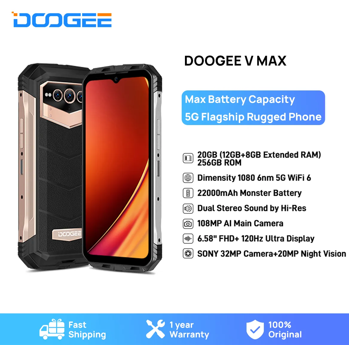 22000mAh DOOGEE V Max 5G IP68 Smartphone 6.58 120Hz Dimensity