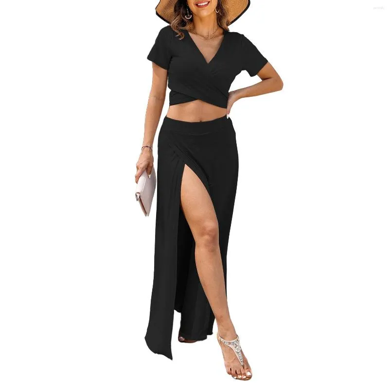 Deux pièces robe femmes à manches courtes haut jupe torsadée devant dames col en V Maxi Slim Fit couleur unie Y2K Style Sexy tenue de vacances