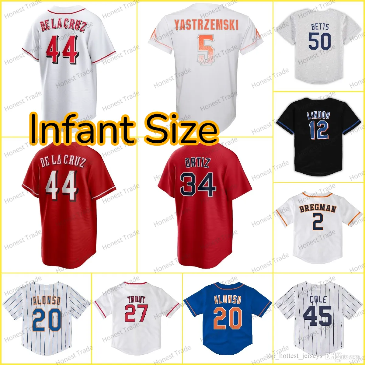 رضع البيسبول القميص 44 Elly de la Cruz Acuna Jr David Ortiz Suzuki Jose Altuve Alex Bregman Gerrit Cole Trout Alonso Lindor Betts Tatis Jr. Preschool Baby Shirt