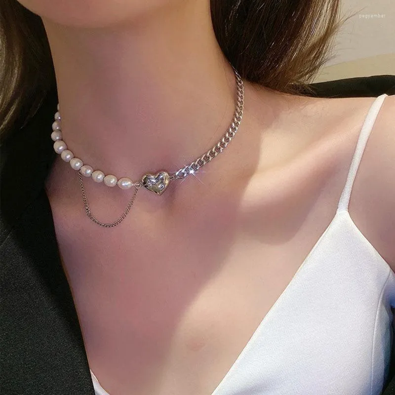 Choker Sweet Cool Pearl Necklace For Women Silver Color Love Heart Pendant Neck Chains Girls Y2K Clavicle Jewelry