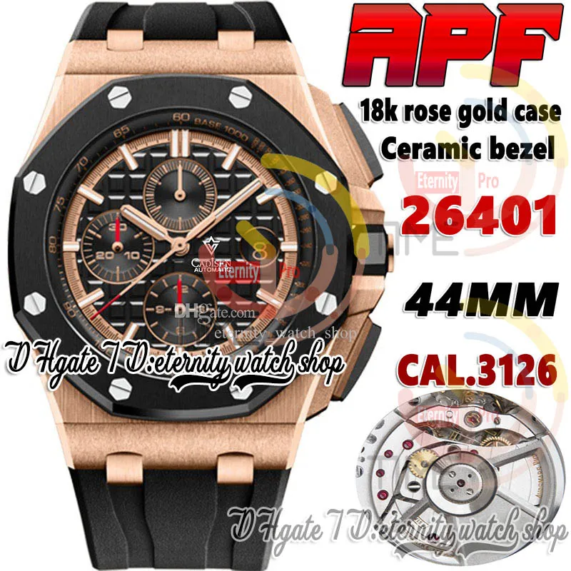 APF apf26401 Cal.3126 A3126 Cronógrafo Automático Relógio Masculino Caixa em Ouro Rosa Moldura em Cerâmica Moldura em Preto Textura Mostrador Pulseira em Borracha Super Versão Eternidade Cronômetro Relógios